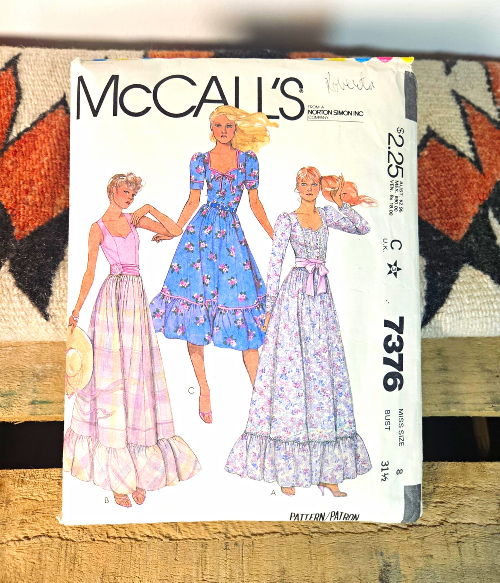 Vintage 1980 McCalls 7376 Prairie Dress Sewing Pattern Cut Size 8 Bust 31.5 Boho
